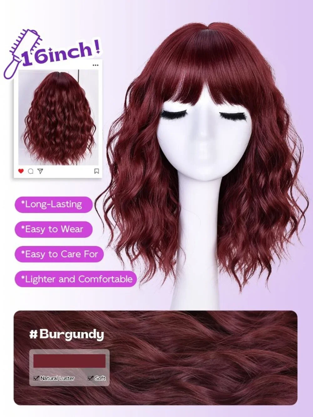 Women's Burgundy 14 Inch Natural Synthetic Short Curly Wavy Fiber Wigs